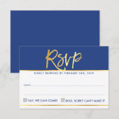 RSVP返信 現代風 グラム ロイヤルブルー 偽のゴールドホイル 出欠カード (正面/裏面)
