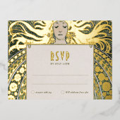 RSVP金ゴールドグリーンリプライヴィンテージアールヌーボーミュシャ 箔シーズンポストカード (正面)