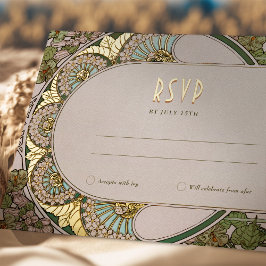 RSVP金ゴールドグリーンリプライヴィンテージアールヌーボーミュシャ 箔シーズンポストカード