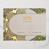 RSVP金ゴールドグリーンリプライヴィンテージアールヌーボーミュシャ 箔シーズンポストカード (正面)