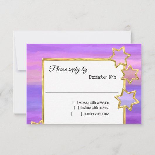 RSVP金ゴールドスターパープルピンクストライプ色 招待状 (正面)