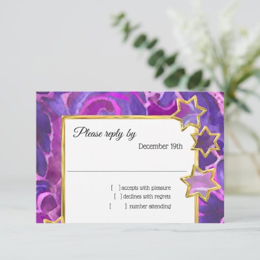 RSVP金ゴールドスターパープルピンクダマスク 招待状 (スタンド正面)