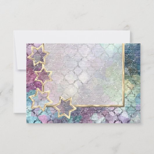 RSVP金ゴールドスター抽象芸術パープルグリーンブルー 招待状 (裏面)