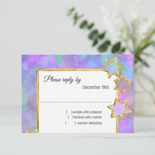 RSVP金ゴールドスター抽象芸術ブルーパープルピンク 招待状 (スタンド正面)