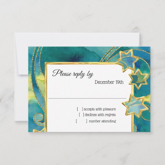 RSVP金ゴールドスター抽象芸術水彩ブルーグリーン 招待状 (正面)