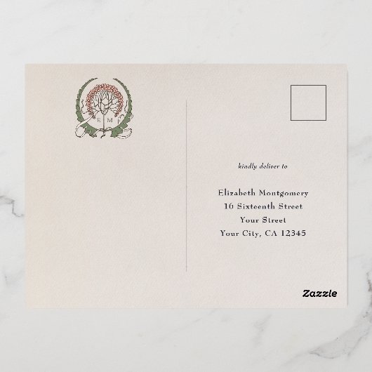 RSVP金ゴールドピンク返信ヴィンテージアールヌーボー 箔シーズンポストカード (裏面)