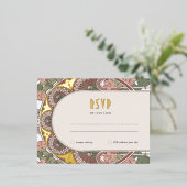 RSVP金ゴールドピンク返信ヴィンテージアールヌーボー 箔シーズンポストカード (立ち正面)