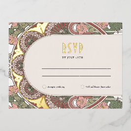 RSVP金ゴールドピンク返信ヴィンテージアールヌーボー 箔シーズンポストカード