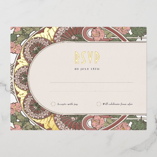 RSVP金ゴールドピンク返信ヴィンテージアールヌーボー 箔シーズンポストカード (正面)