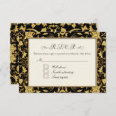 RSVP金ゴールドフローラダマスクフェイクグリッター結婚の 出欠カード (正面/裏面)