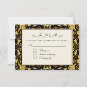 RSVP金ゴールドフローラダマスクフェイクグリッター結婚の 出欠カード