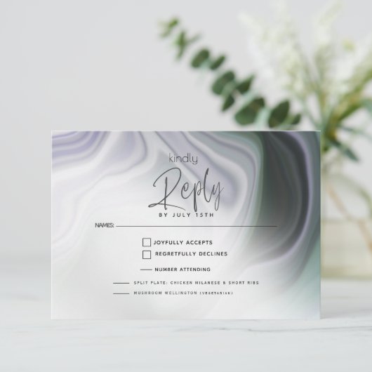 RSVP食事の選択 |埃っぽい翡翠と紫の抽象芸術 出欠カード (スタンド正面)