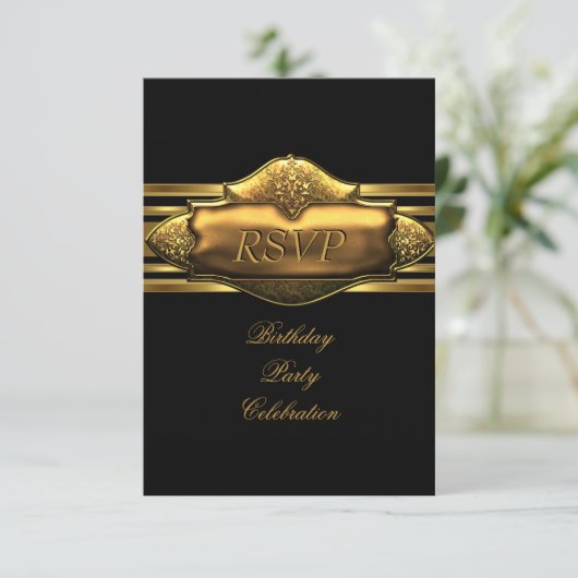 RSVP黒エレガント金ゴールド誕生日パーティーメン 招待状 (スタンド正面)