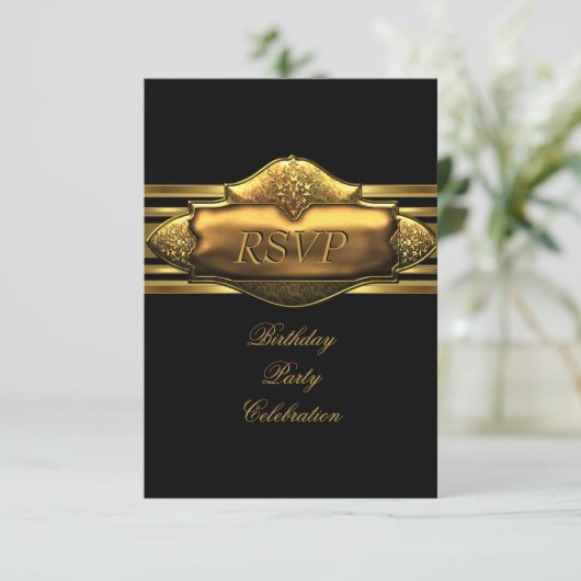 RSVP黒エレガント金ゴールド誕生日パーティーメン 招待状 (スタンド正面)