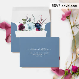 RSVP、ほこりっぽいブルー、ベリー、ブルゴーニュフローラ 封筒