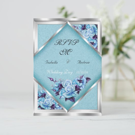 RSVP ウェディング ティール パープル ローズ シルバー ブーケ 招待状 (スタンド正面)