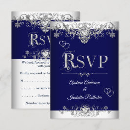 RSVP ウェディング ロイヤルブルー シルバー ダイヤモンド ハート 招待状