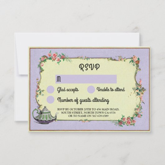 RSVP ウェディング ワンダーランド ティーポット 紫の花 招待状 (正面)