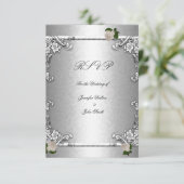 RSVP エレガントなウェディングローズ シルバー ホワイト 招待状 (スタンド正面)