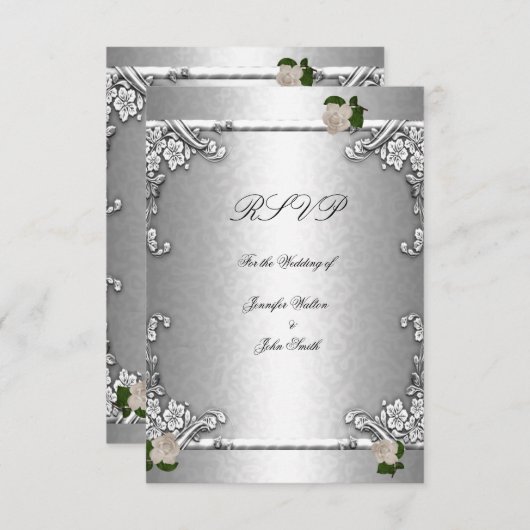 RSVP エレガントなウェディングローズ シルバー ホワイト 招待状 (正面/裏面)