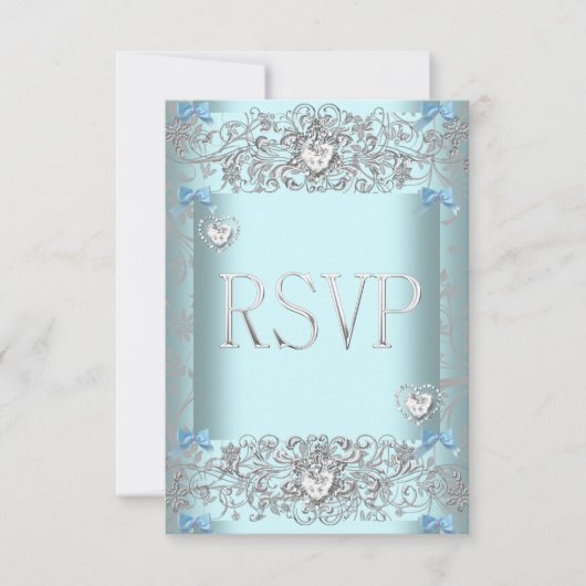 RSVP ティールブルー ダマスク 結婚式 ホワイト ダイヤモンド ハート (正面)