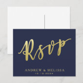 RSVP |ネイビーブルー&金ゴールドフェイクスクリプトはがき インビテーションポストカード (正面/裏面)