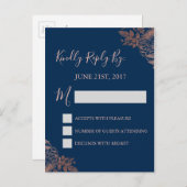 RSVP -バラ金ゴールドピンクとネイビーブルーフローラ インビテーションポストカード (正面/裏面)