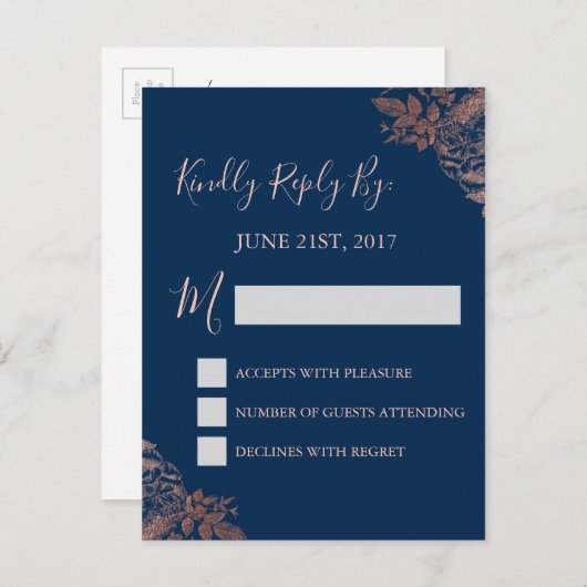 RSVP -バラ金ゴールドピンクとネイビーブルーフローラ インビテーションポストカード (正面/裏面)
