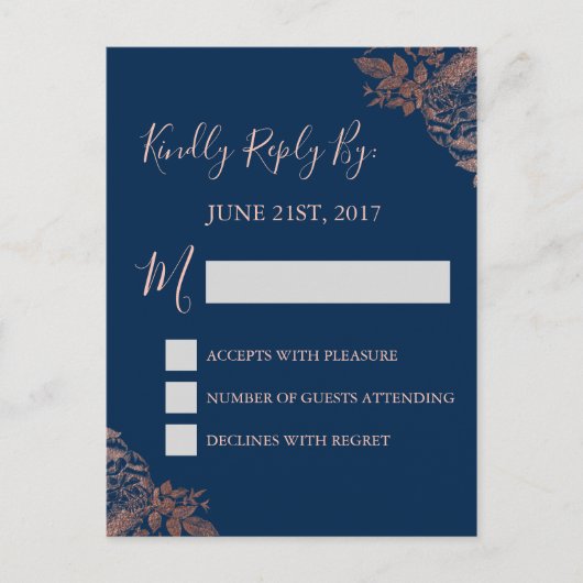 RSVP -バラ金ゴールドピンクとネイビーブルーフローラ インビテーションポストカード (正面)