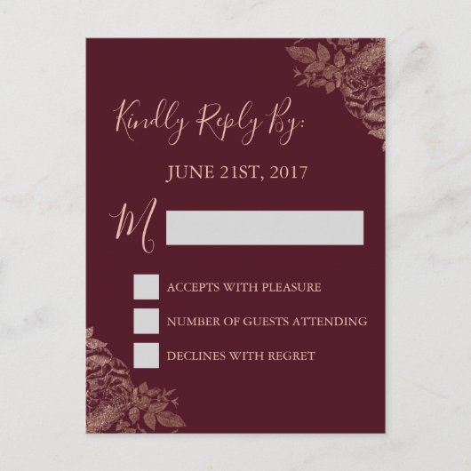RSVP -バラ金ゴールドブルゴーニュ結婚の応答カード インビテーションポストカード (正面)