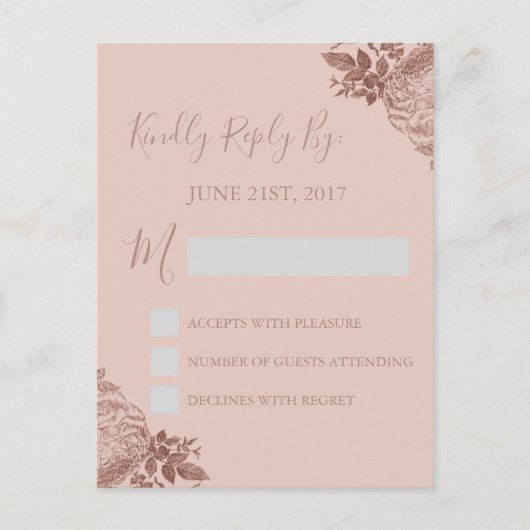 RSVP -バラ金ゴールド赤面ピンク結婚の応答カード インビテーションポストカード (正面)