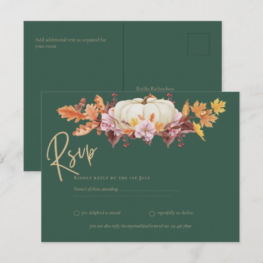 RSVP – パンプキングリーン金ゴールド秋の結婚式 ポストカード (正面/裏面)