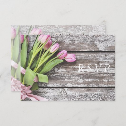 RSVP--ピンクのチューリップ及び木 出欠カード (正面/裏面)