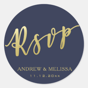 RSVP フェイク金ゴールドブラシスクリプト – Navy Blue 結婚's ラウンドシール