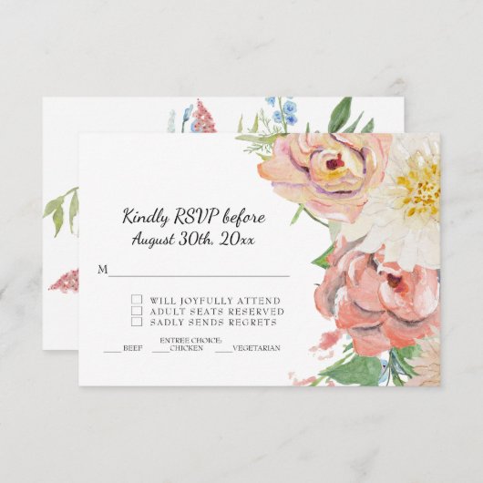 RSVP ブッシュピンクとホワイトの水彩花の結婚式 招待状 (正面/裏面)