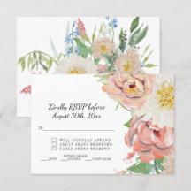 RSVP ブッシュピンクとホワイトの水彩花イラストのウェディング
