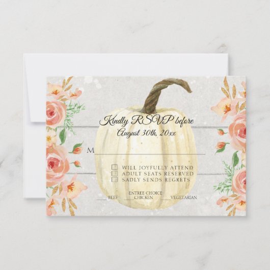 RSVP ラスティック ウォーターカラー フローラル ホワイト パンプキン ウッド 招待状 (正面)