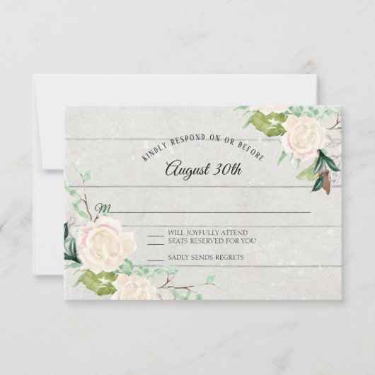 RSVP ラスティック ウッド ウォーターカラー アート フローラル アイボリー ローズ 招待状 (正面)