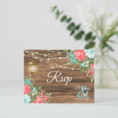 RSVP - 木製ランタンとターコイズ、コーラルフラワーの結婚式 ポストカード (スタンド正面)