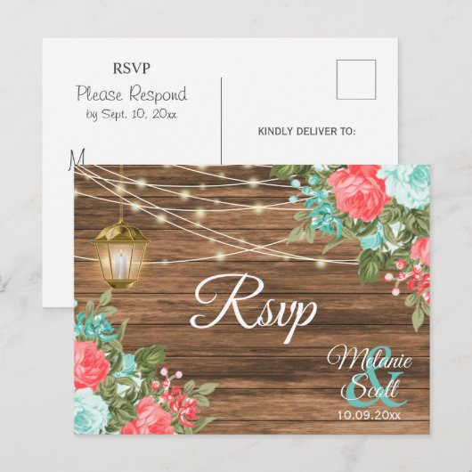 RSVP - 木製ランタンとターコイズ、コーラルフラワーの結婚式 ポストカード (正面/裏面)