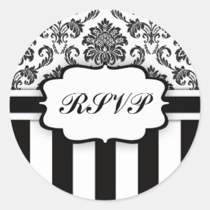 RSVP – 白黒ダマスクのステッストライプク ラウンドシール
