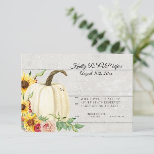 RSVP 秋のひまわりとパンプキンのブッシュピンクと赤の木の板 招待状 (スタンド正面)