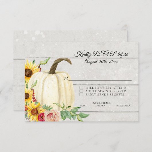 RSVP 秋のひまわりとパンプキンのブッシュピンクと赤の木の板 招待状 (正面/裏面)