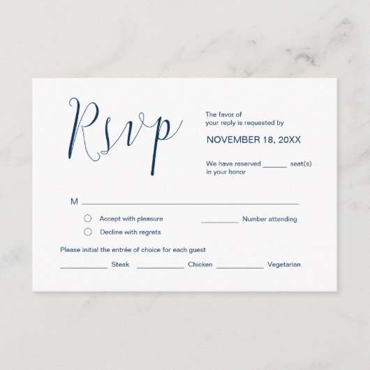 RSVP,結婚書道，シンプル·ネービー·ブルー·スクリプト エンクロージャーカード (正面)