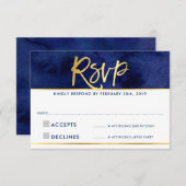 RSVP 返信 現代の青い水彩 ゴールドの筆記 (正面/裏面)