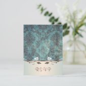 RSVP、青い茶色のダマスク招待状の返信 出欠カード (スタンド正面)