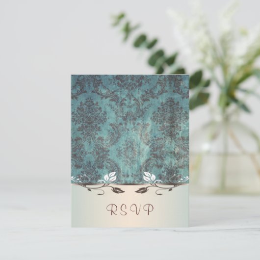 RSVP、青い茶色のダマスク招待状の返信 出欠カード (スタンド正面)