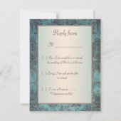 RSVP、青い茶色のダマスク招待状の返信 出欠カード (裏面)