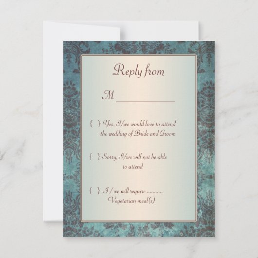 RSVP、青い茶色のダマスク招待状の返信 出欠カード (裏面)