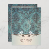 RSVP、青い茶色のダマスク招待状の返信 出欠カード (正面/裏面)